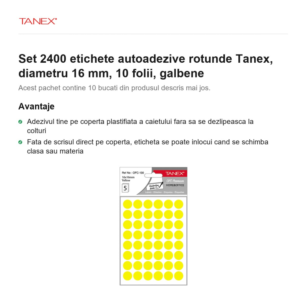 Set 2400 etichete autoadezive rotunde Tanex, diametru 16 mm, 10 seturi, galbene [2]