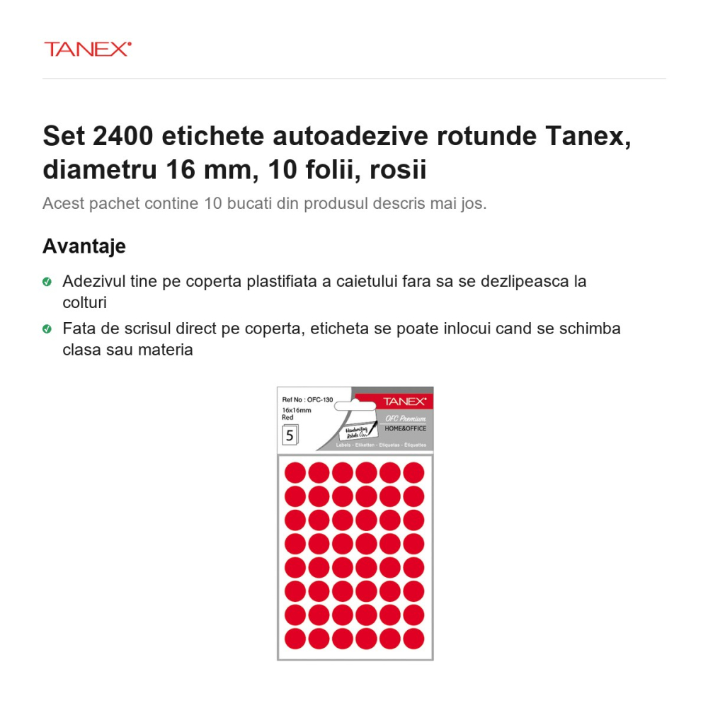 Set 2400 etichete autoadezive rotunde Tanex, diametru 16 mm, 10 seturi, rosii [2]