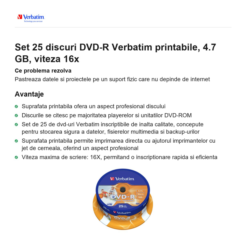 Set 25 discuri DVD-R Verbatim printabile, 4.7 GB, viteza 16x [2]