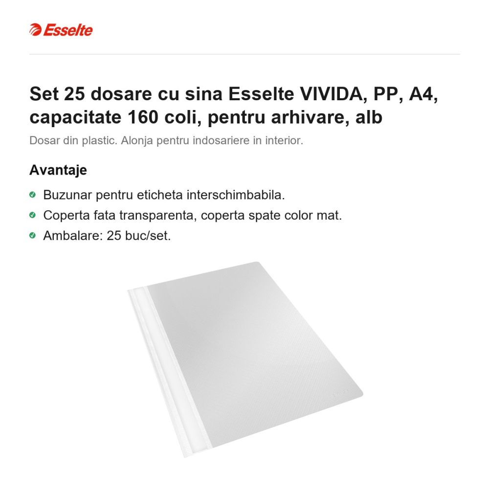 Set 25 dosare cu sina Esselte VIVIDA, PP, A4, capacitate 160 coli, pentru arhivare, alb [2]
