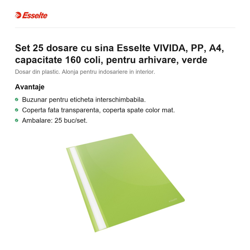 Set 25 dosare cu sina Esselte VIVIDA, PP, A4, capacitate 160 coli, pentru arhivare, verde [2]