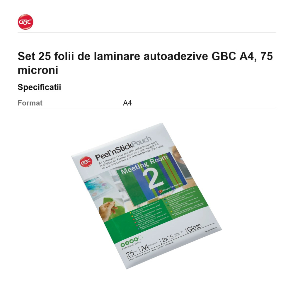 Set 25 folii de laminare autoadezive GBC A4, 75 microni [3]