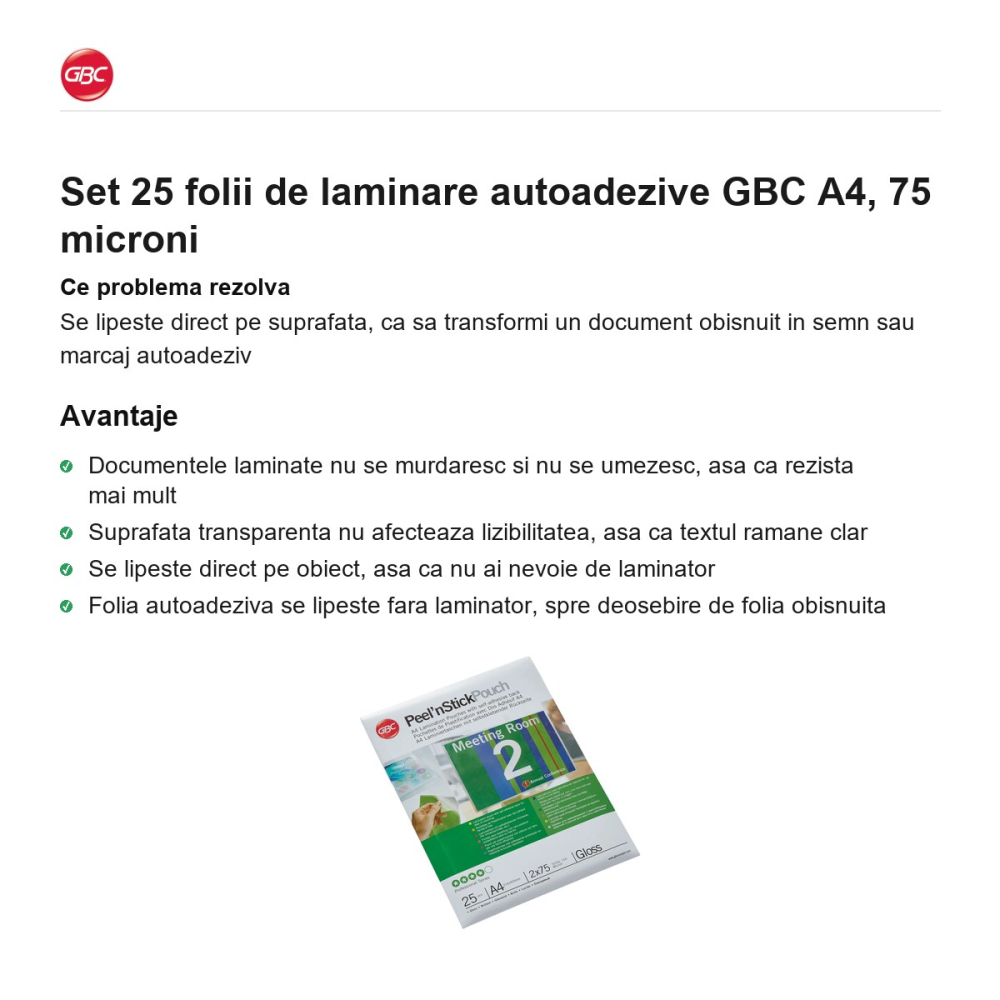 Set 25 folii de laminare autoadezive GBC A4, 75 microni [2]
