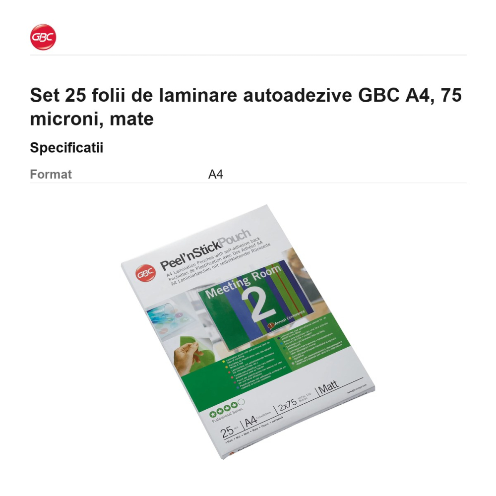 Set 25 folii de laminare autoadezive GBC A4, 75 microni, mate [3]