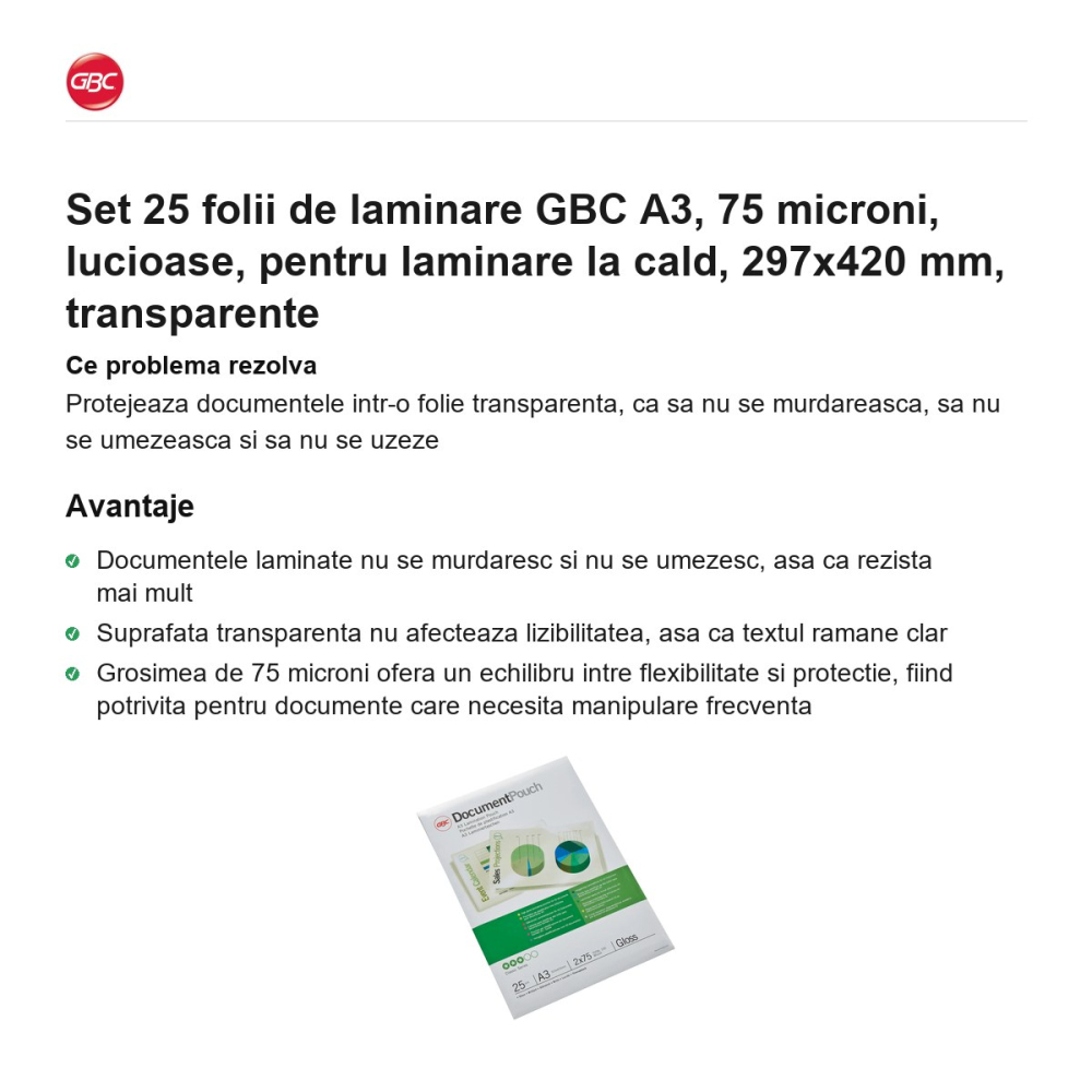 Set 25 folii de laminare GBC A3, 75 microni, lucioase, pentru laminare la cald, 297x420 mm, transparente [2]