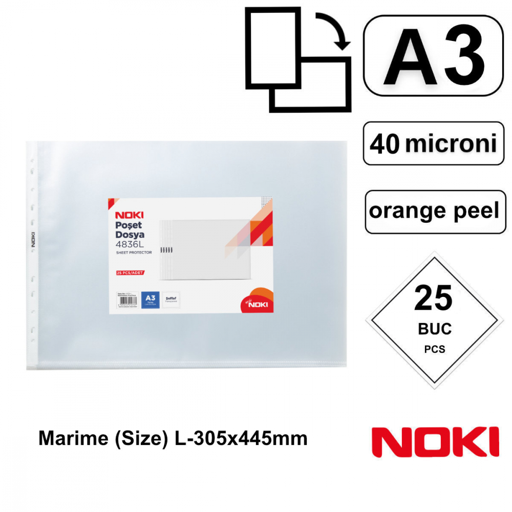 Set 25 folii de protectie A3 Landscape cu deschidere superioara, 40 microni, Noki, suprafata orange peel [3]