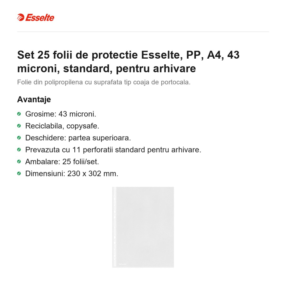 Set 25 folii de protectie Esselte, PP, A4, 43 microni, standard, pentru arhivare [2]