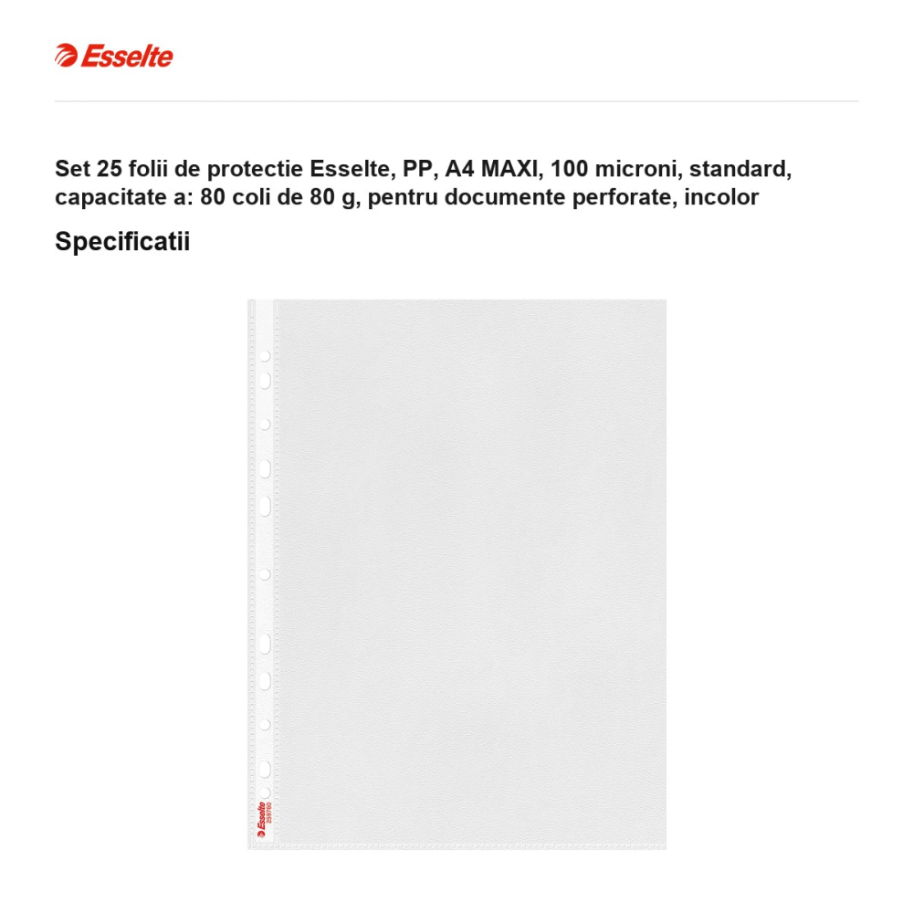 Set 25 folii de protectie Esselte, PP, A4 MAXI, 100 microni, standard, capacitate a: 80 coli de 80 g, pentru documente perforate, incolor [3]