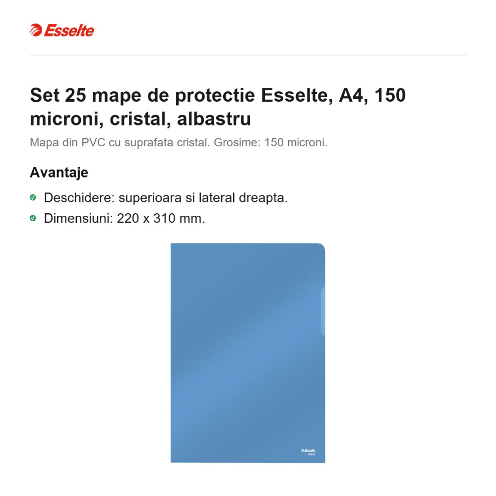 Set 25 mape de protectie Esselte, A4, 150 microni, cristal, albastru [2]