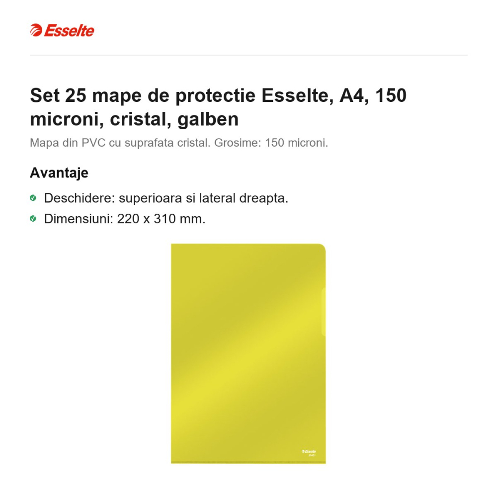 Set 25 mape de protectie Esselte, A4, 150 microni, cristal, galben [2]