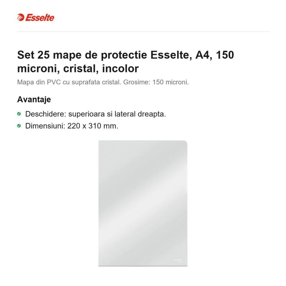 Set 25 mape de protectie Esselte, A4, 150 microni, cristal, incolor [2]