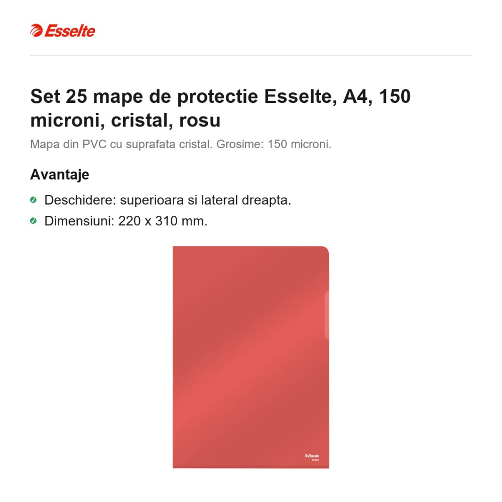 Set 25 mape de protectie Esselte, A4, 150 microni, cristal, rosu [2]
