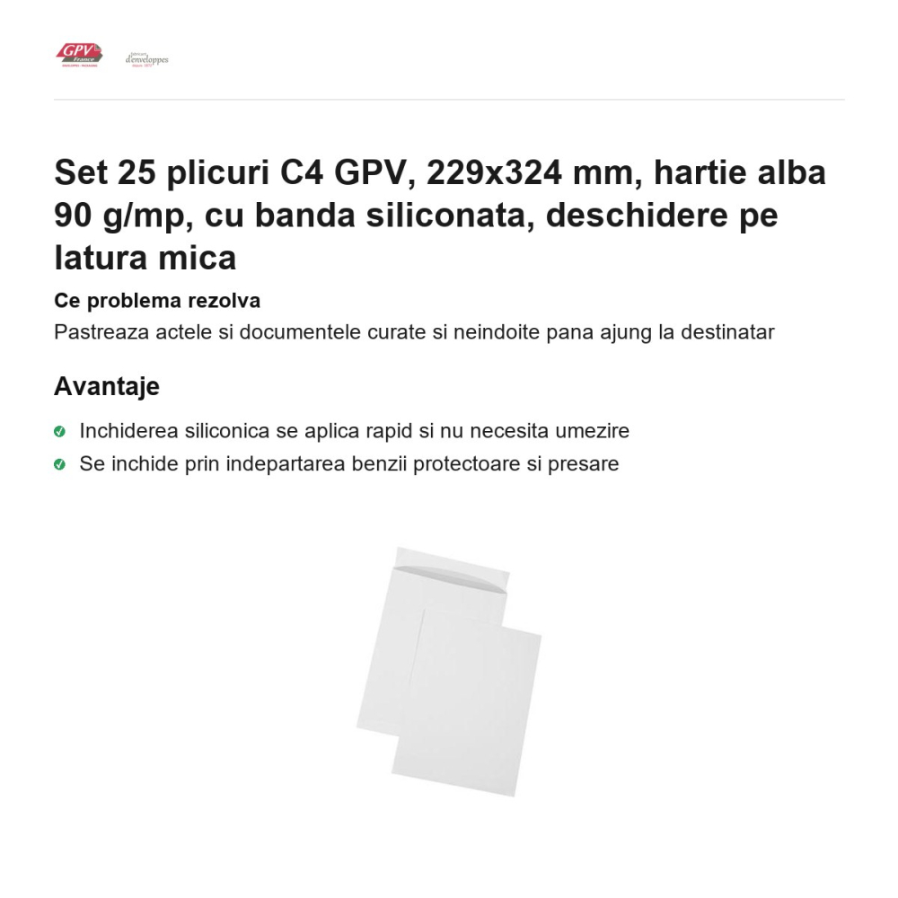 Set 25 plicuri C4 GPV, 229x324 mm, hartie alba 90 g/mp, cu banda siliconata, deschidere pe latura mica [2]