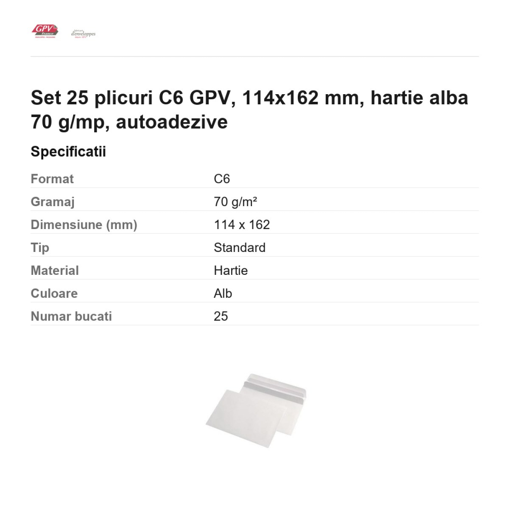 Set 25 plicuri C6 GPV, 114x162 mm, hartie alba 70 g/mp, autoadezive [3]