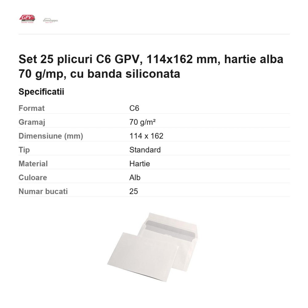 Set 25 plicuri C6 GPV, 114x162 mm, hartie alba 70 g/mp, cu banda siliconata [3]