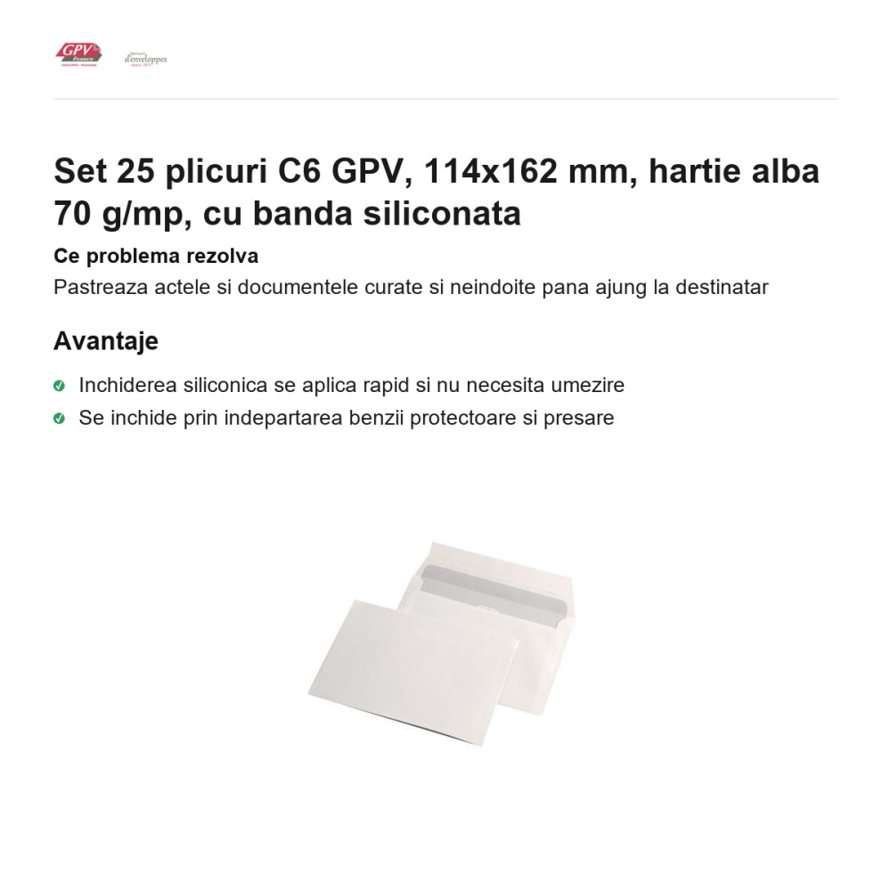 Set 25 plicuri C6 GPV, 114x162 mm, hartie alba 70 g/mp, cu banda siliconata [2]