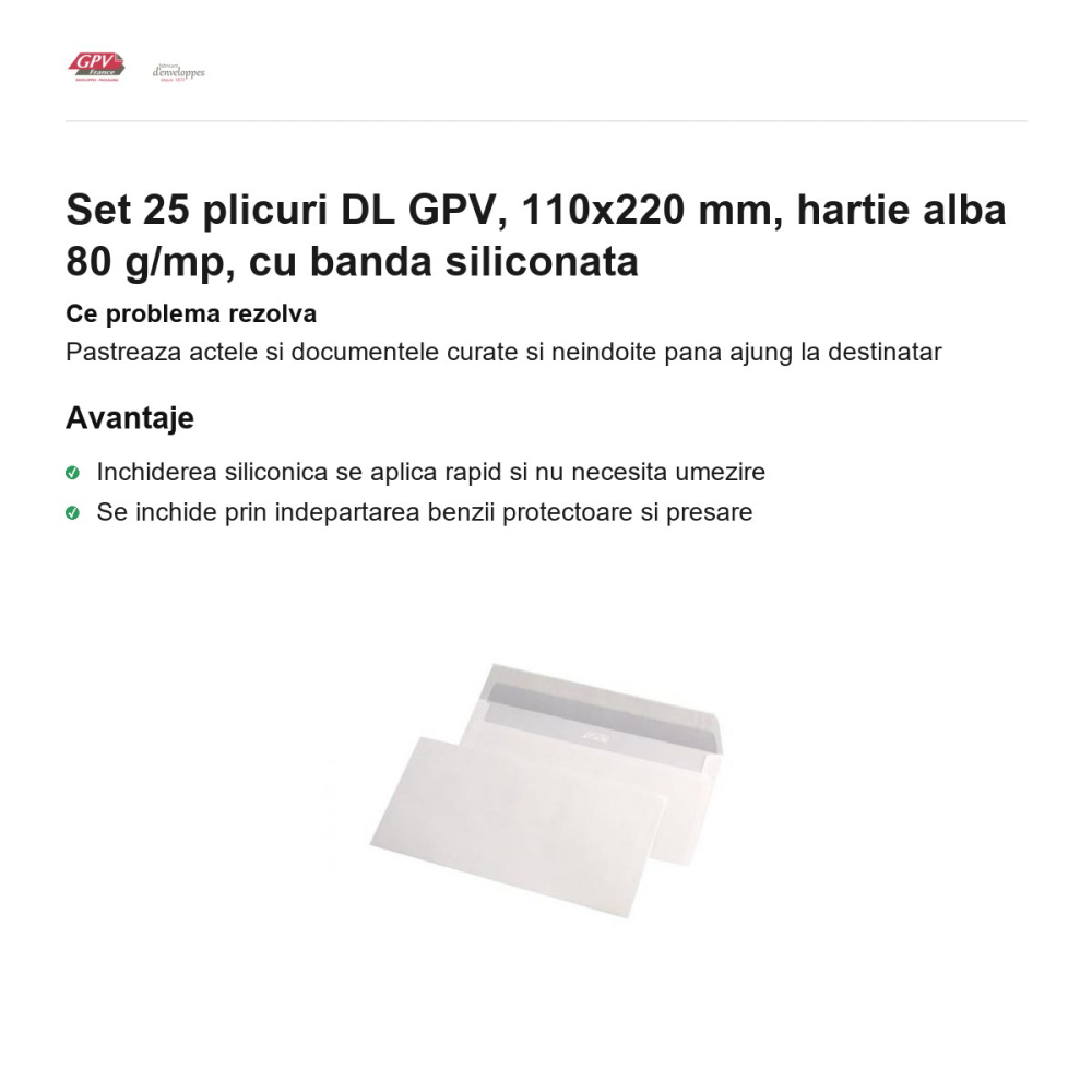 Set 25 plicuri DL GPV, 110x220 mm, hartie alba 80 g/mp, cu banda siliconata [2]