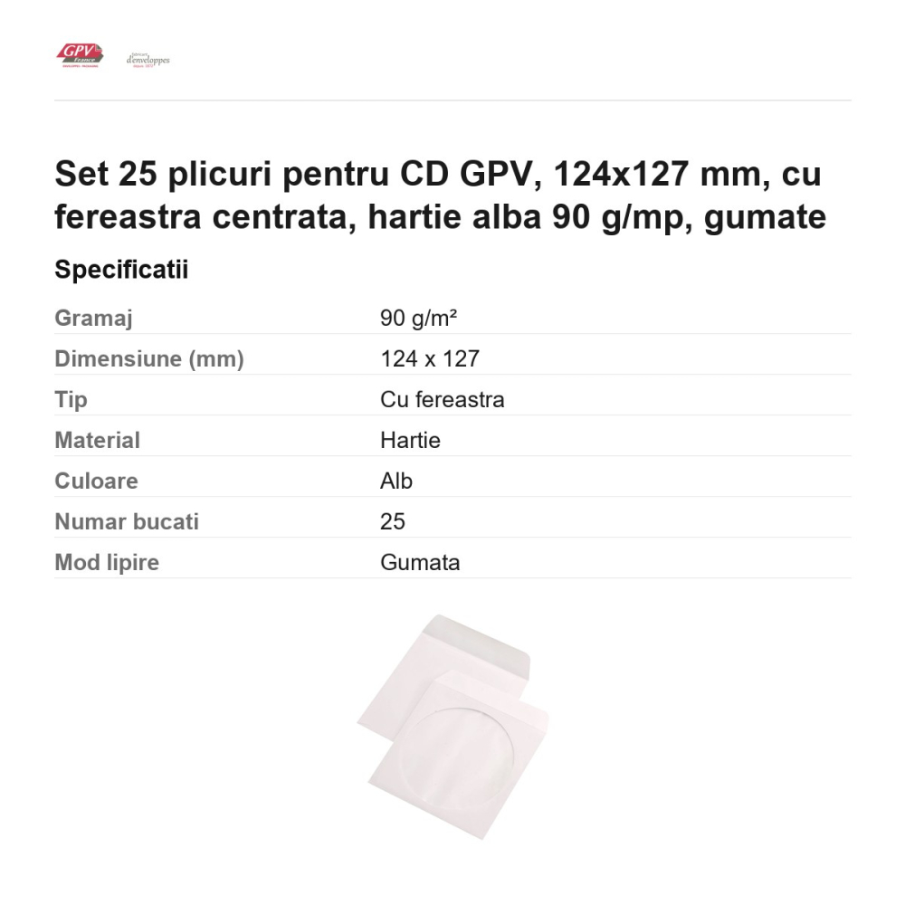 Set 25 plicuri pentru CD GPV, 124x127 mm, cu fereastra centrata, hartie alba 90 g/mp, gumate [3]