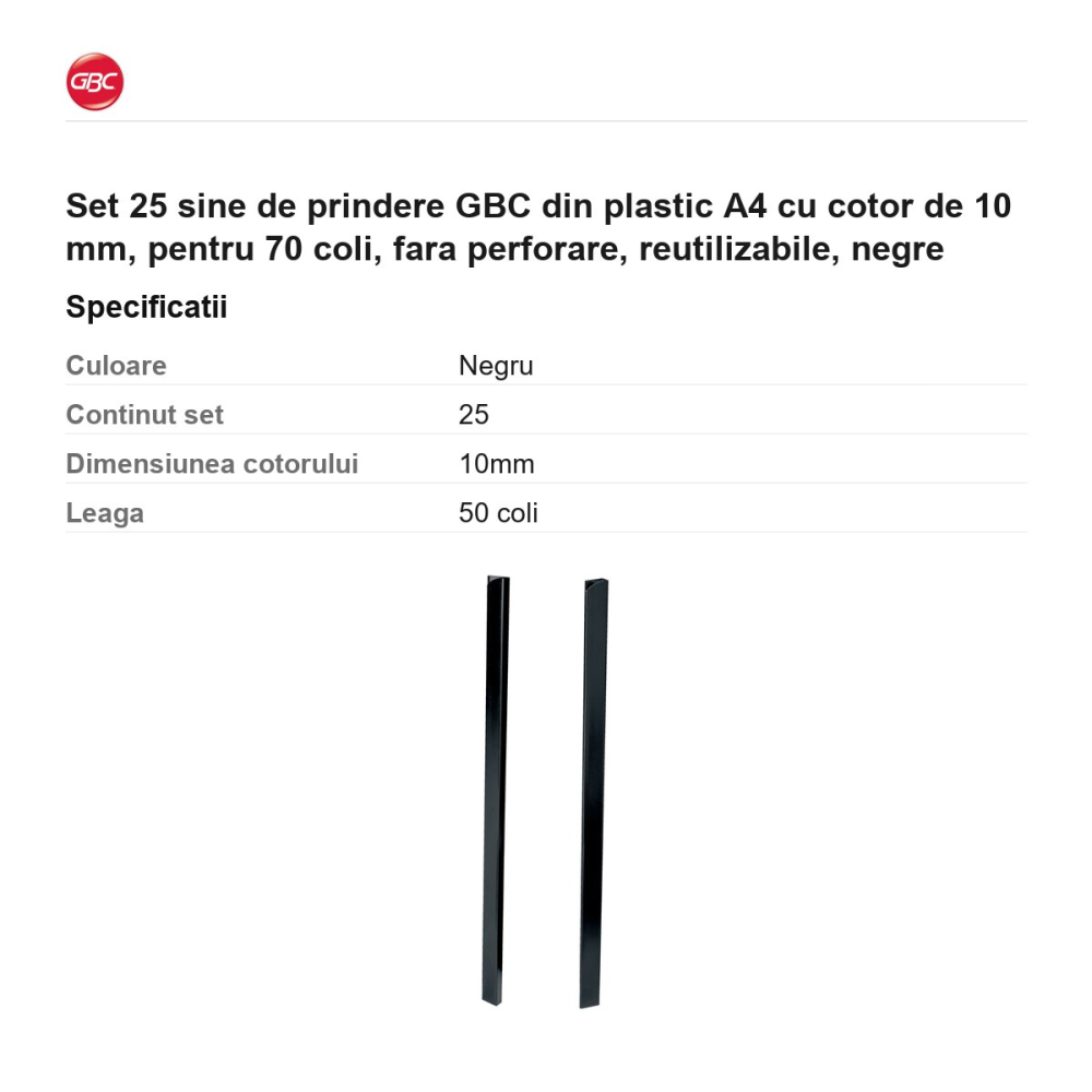 Set 25 sine de prindere GBC din plastic A4 cu cotor de 10 mm, pentru 70 coli, fara perforare, reutilizabile, negre [3]
