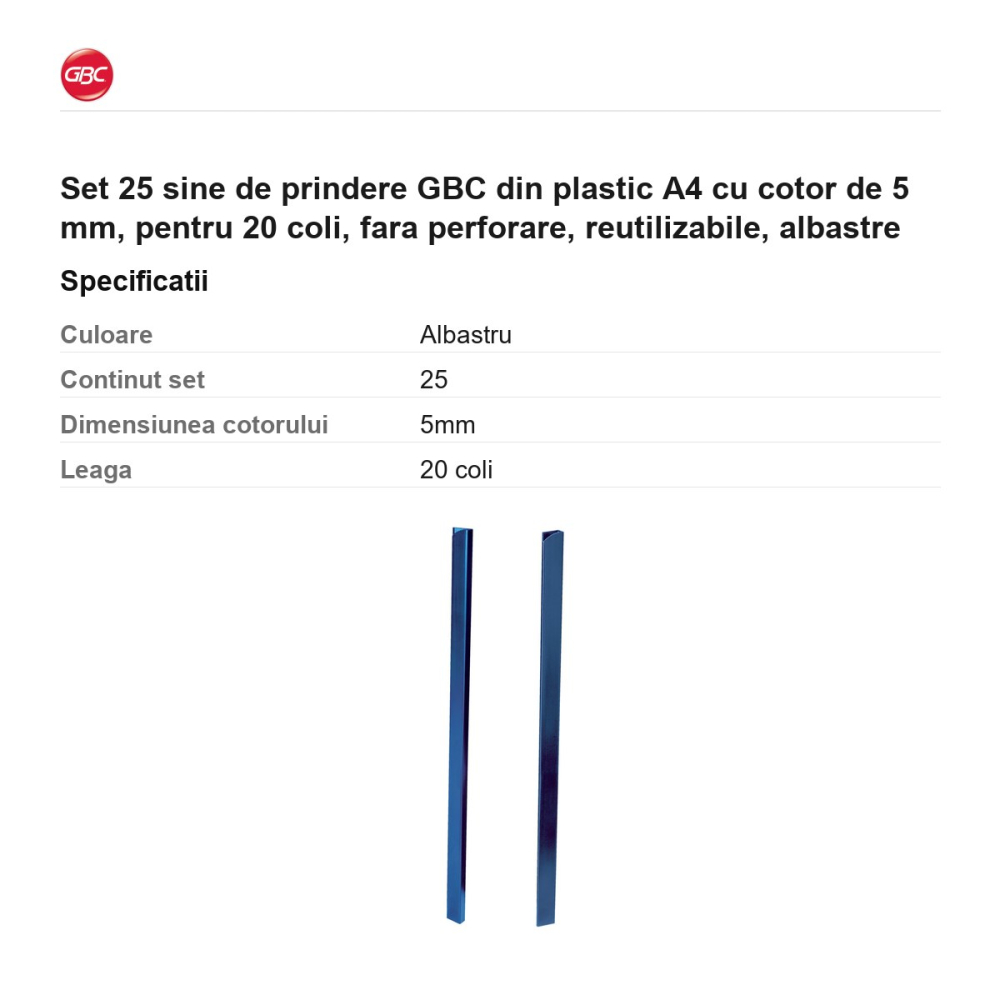 Set 25 sine de prindere GBC din plastic A4 cu cotor de 5 mm, pentru 20 coli, fara perforare, reutilizabile, albastre [3]