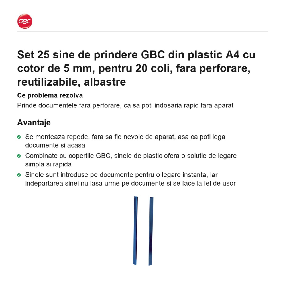 Set 25 sine de prindere GBC din plastic A4 cu cotor de 5 mm, pentru 20 coli, fara perforare, reutilizabile, albastre [2]