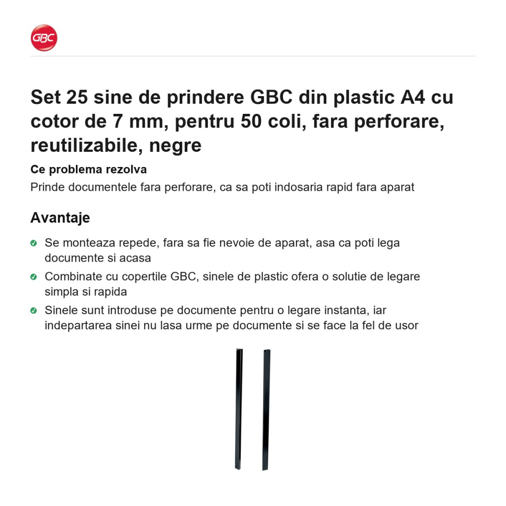 Set 25 sine de prindere GBC din plastic A4 cu cotor de 7 mm, pentru 50 coli, fara perforare, reutilizabile, negre [2]