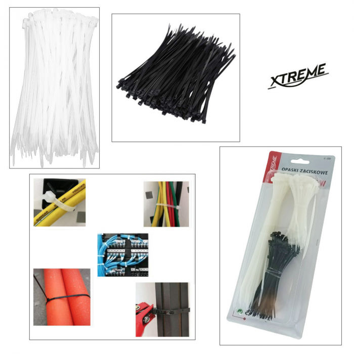 Set 250 bride zimtate din nailon, 2.5x100mm si 2.5x200m, cu autoblocare, tip colier, Xtreme CT250BW 06830, pentru fixare si legare, albe cu negre [3]