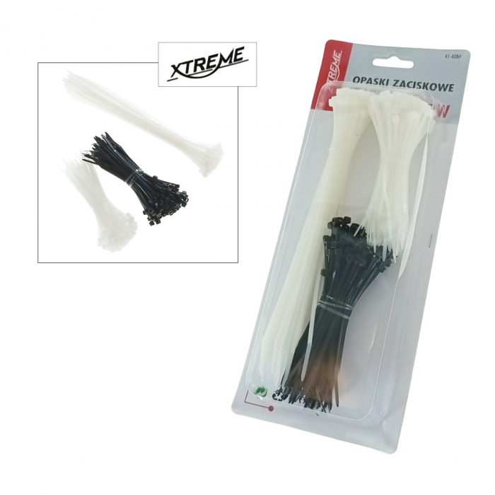 Set 250 bride zimtate din nailon, 2.5x100mm si 2.5x200m, cu autoblocare, tip colier, Xtreme CT250BW 06830, pentru fixare si legare, albe cu negre [4]