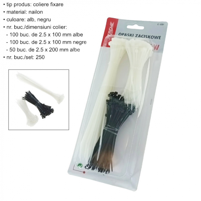 Set 250 bride zimtate din nailon, 2.5x100mm si 2.5x200m, cu autoblocare, tip colier, Xtreme CT250BW 06830, pentru fixare si legare, albe cu negre [5]