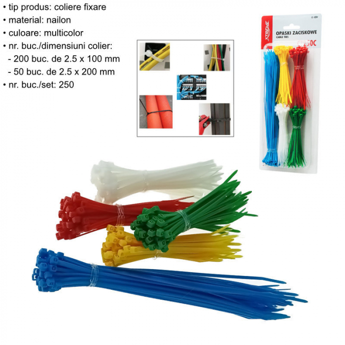 Set 250 bride zimtate din nailon, 2.5x100mm si 2.5x200mm, cu autoblocare, tip colier, Xtreme CT250C 06831, pentru fixare si legare, multicolor [5]