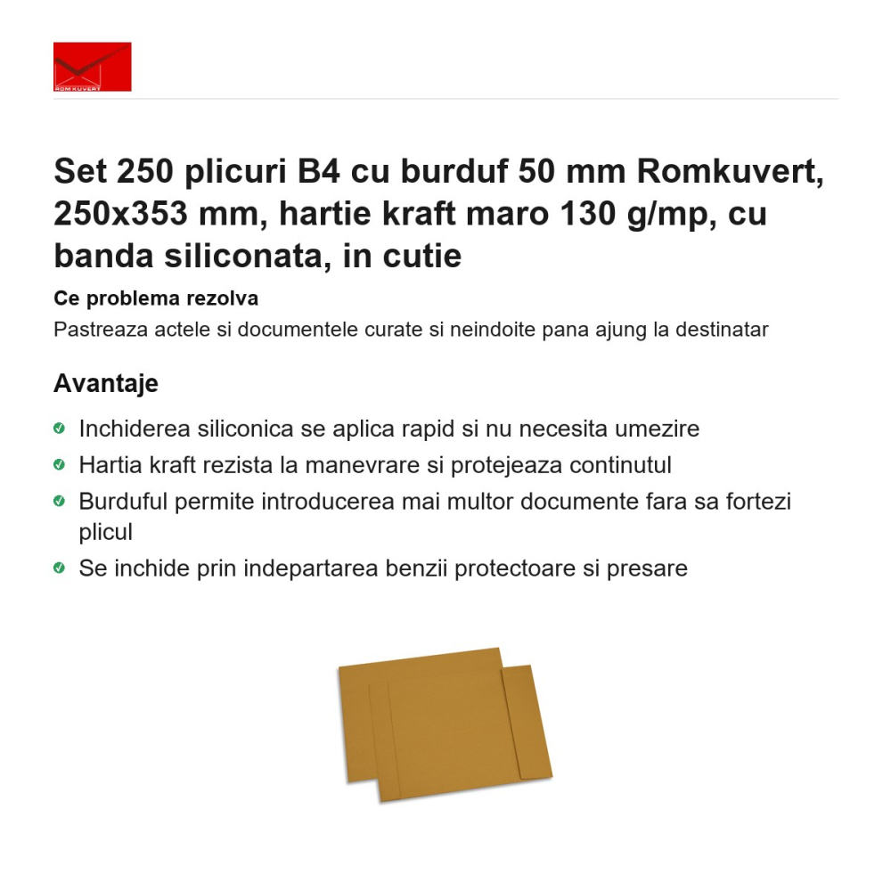 Set 250 plicuri B4 cu burduf 50 mm Romkuvert, 250x353 mm, hartie kraft maro 130 g/mp, cu banda siliconata, in cutie [2]