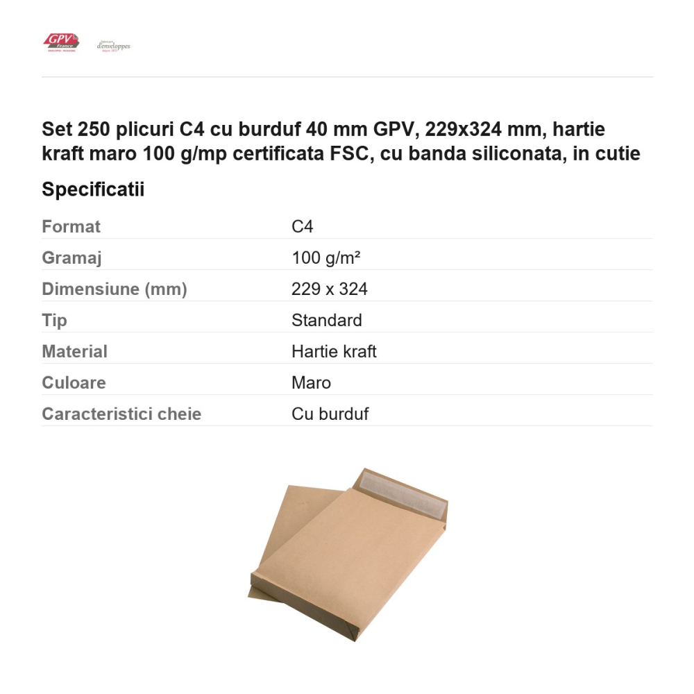 Set 250 plicuri C4 cu burduf 40 mm GPV, 229x324 mm, hartie kraft maro 100 g/mp certificata FSC, cu banda siliconata, in cutie [3]