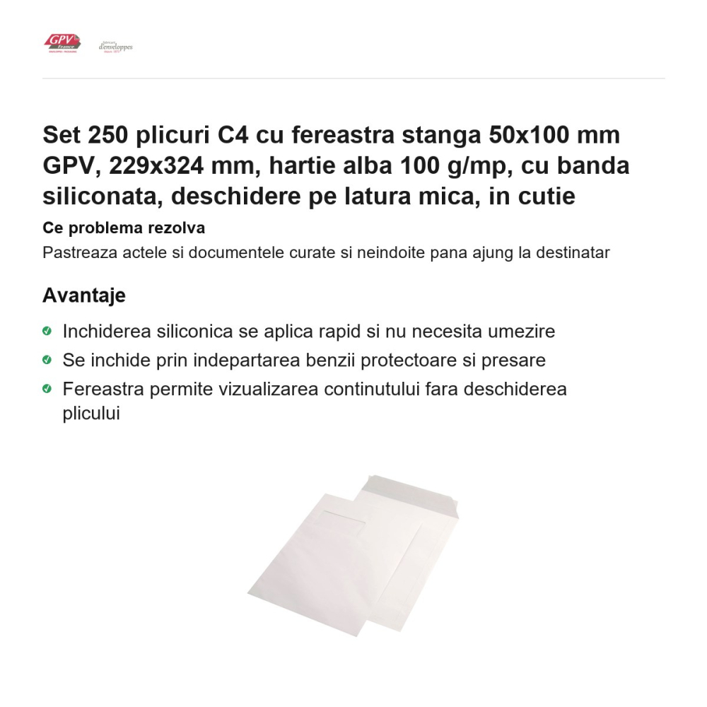 Set 250 plicuri C4 cu fereastra stanga 50x100 mm GPV, 229x324 mm, hartie alba 100 g/mp, cu banda siliconata, deschidere pe latura mica, in cutie [2]