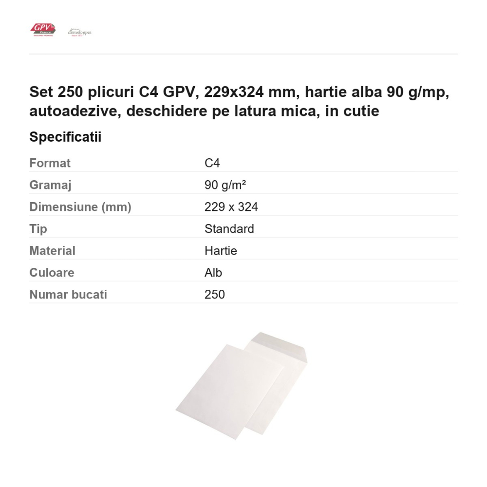 Set 250 plicuri C4 GPV, 229x324 mm, hartie alba 90 g/mp, autoadezive, deschidere pe latura mica, in cutie [3]