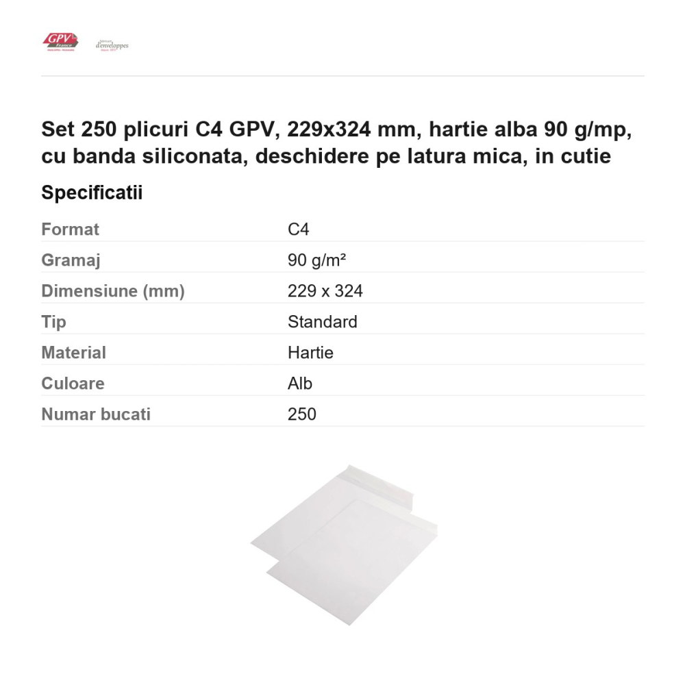 Set 250 plicuri C4 GPV, 229x324 mm, hartie alba 90 g/mp, cu banda siliconata, deschidere pe latura mica, in cutie [3]