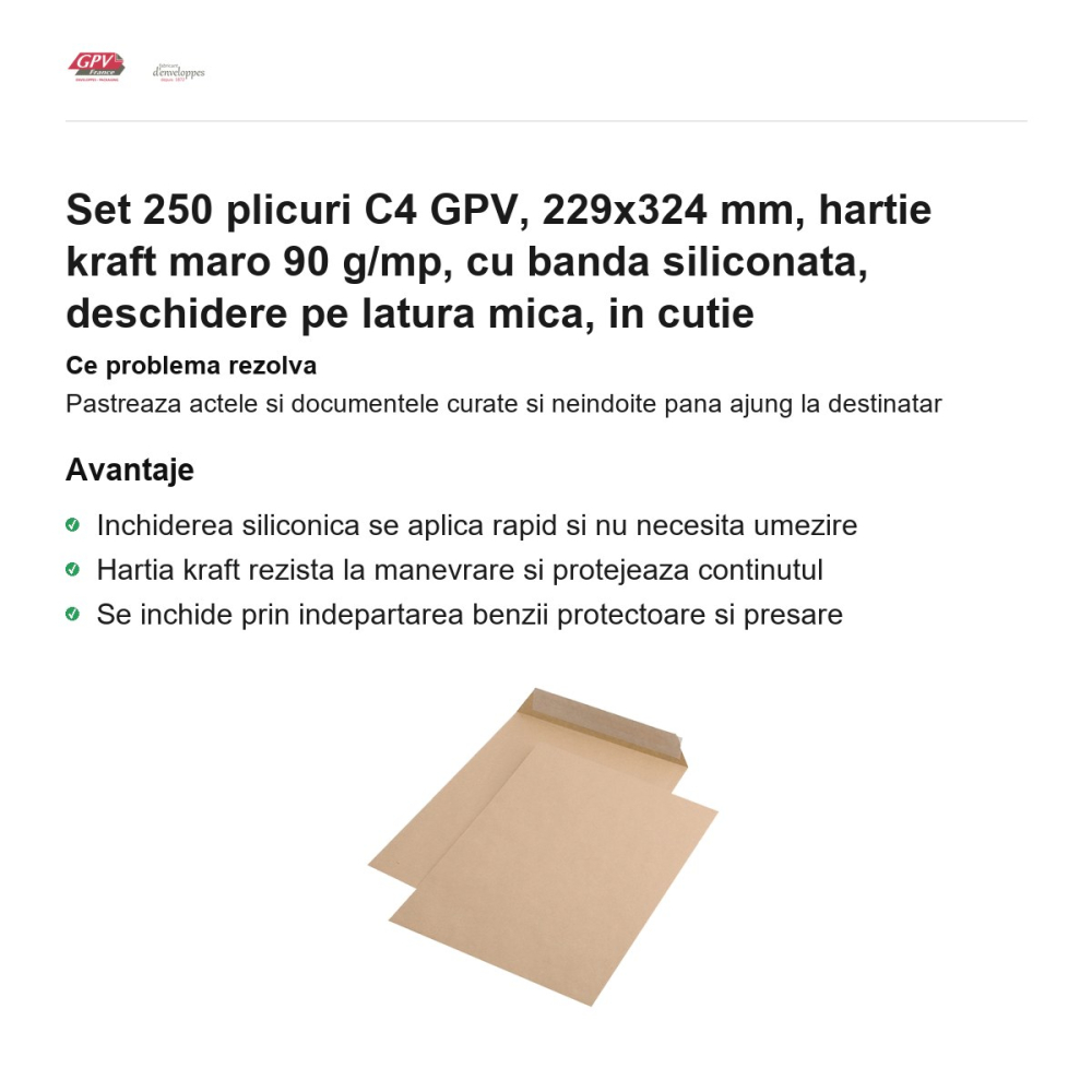 Set 250 plicuri C4 GPV, 229x324 mm, hartie kraft maro 90 g/mp, cu banda siliconata, deschidere pe latura mica, in cutie [2]