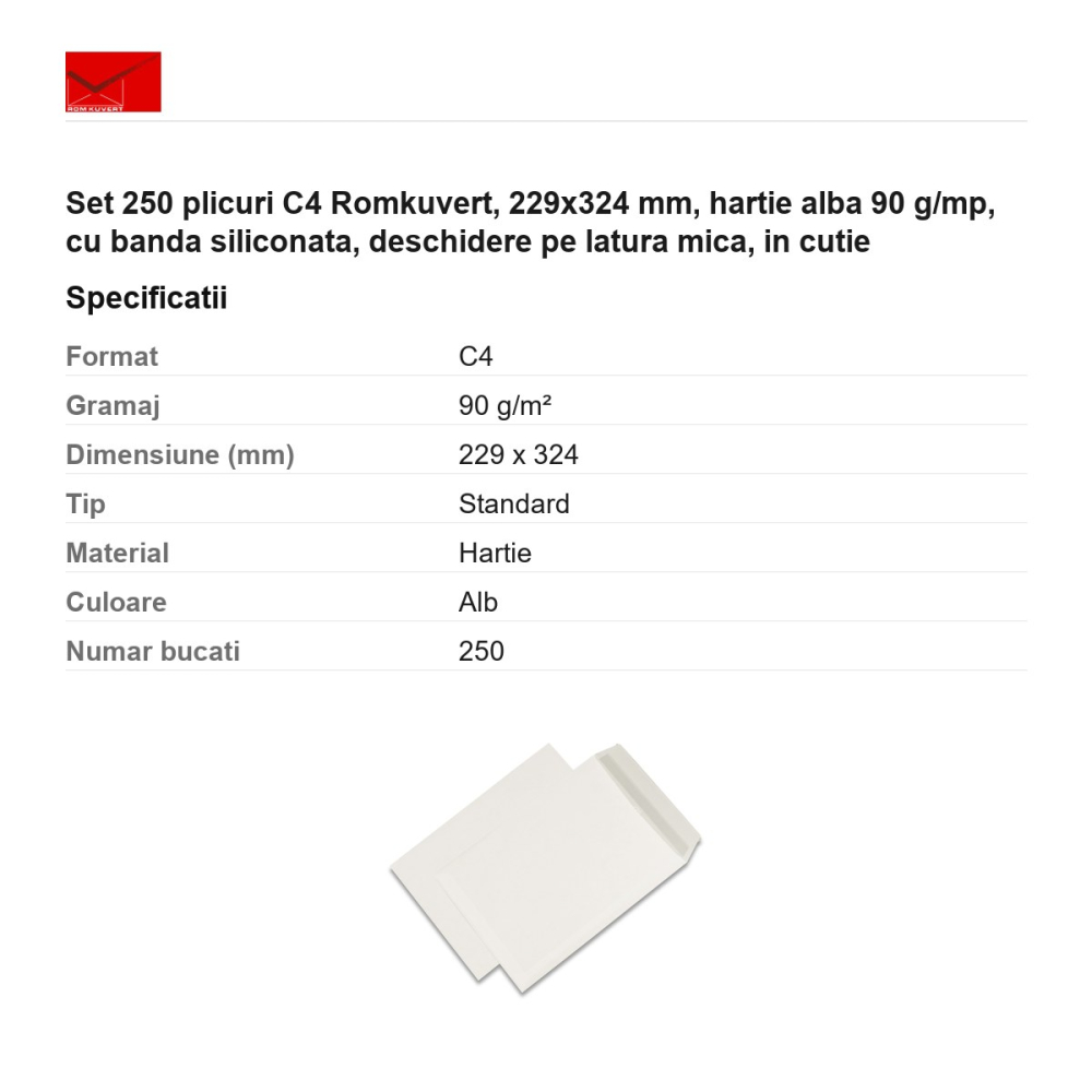 Set 250 plicuri C4 Romkuvert, 229x324 mm, hartie alba 90 g/mp, cu banda siliconata, deschidere pe latura mica, in cutie [3]