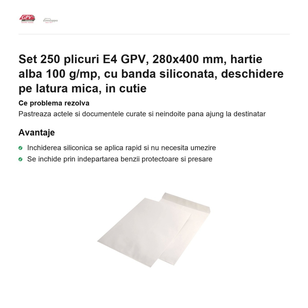 Set 250 plicuri E4 GPV, 280x400 mm, hartie alba 100 g/mp, cu banda siliconata, deschidere pe latura mica, in cutie [2]