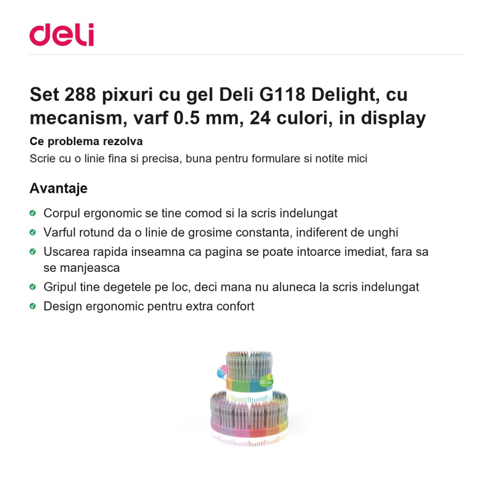 Set 288 pixuri cu gel Deli G118 Delight, cu mecanism, varf 0.5 mm, 24 culori, in display [2]
