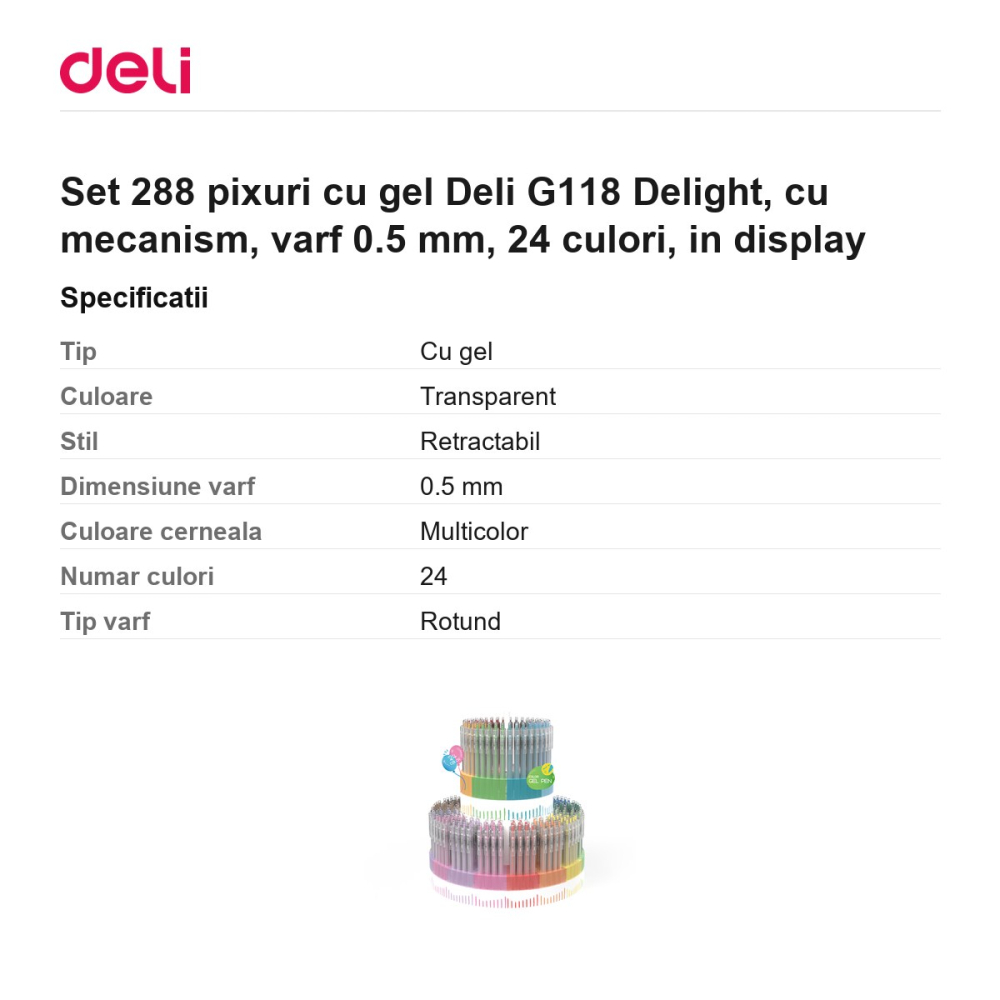 Set 288 pixuri cu gel Deli G118 Delight, cu mecanism, varf 0.5 mm, 24 culori, in display [3]