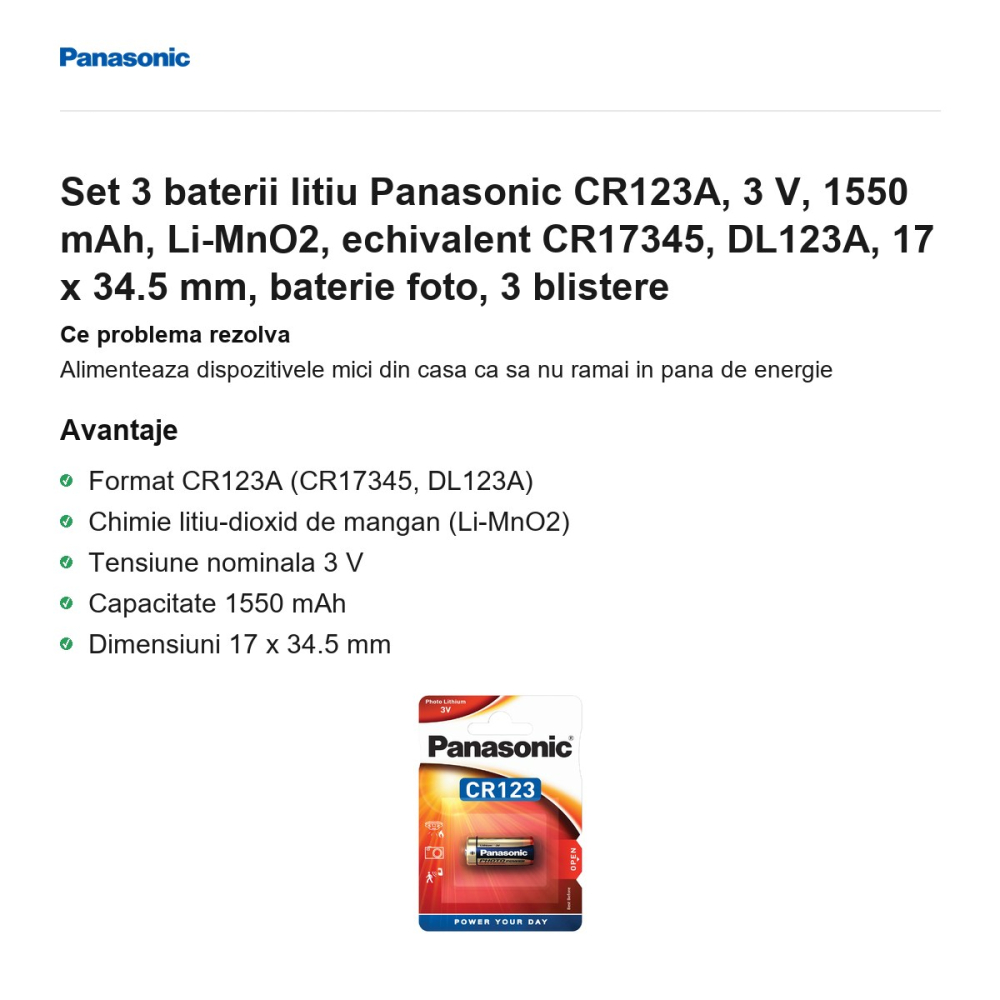 Set 3 baterii litiu Panasonic CR123A, 3 V, 1550 mAh, Li-MnO2, echivalent CR17345, DL123A, 17 x 34.5 mm, baterie foto, 3 blistere [2]