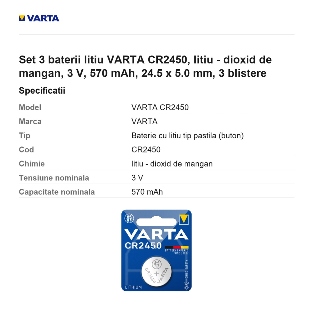 Set 3 baterii litiu VARTA CR2450, litiu - dioxid de mangan, 3 V, 570 mAh, 24.5 x 5.0 mm, 3 blistere [3]