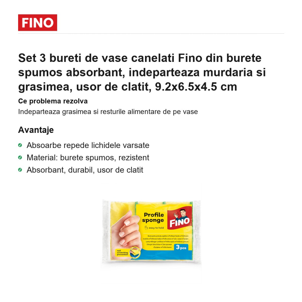 Set 3 bureti de vase canelati Fino din burete spumos absorbant, indeparteaza murdaria si grasimea, usor de clatit, 9.2x6.5x4.5 cm [2]