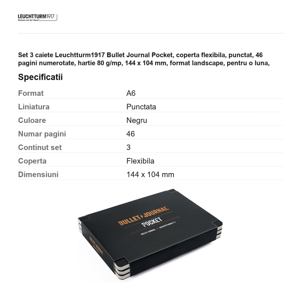 Set 3 caiete Leuchtturm1917 Bullet Journal Pocket, coperta flexibila, punctat, 46 pagini numerotate, hartie 80 g/mp, 144 x 104 mm, format landscape, pentru o luna, negru [3]