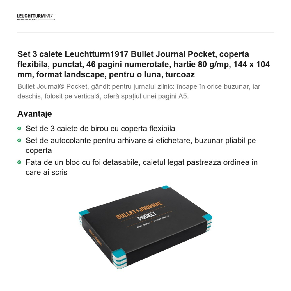 Set 3 caiete Leuchtturm1917 Bullet Journal Pocket, coperta flexibila, punctat, 46 pagini numerotate, hartie 80 g/mp, 144 x 104 mm, format landscape, pentru o luna, turcoaz [2]