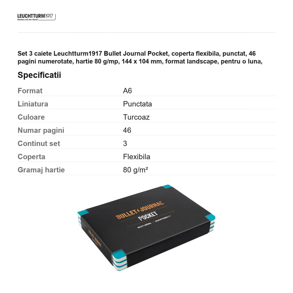 Set 3 caiete Leuchtturm1917 Bullet Journal Pocket, coperta flexibila, punctat, 46 pagini numerotate, hartie 80 g/mp, 144 x 104 mm, format landscape, pentru o luna, turcoaz [3]