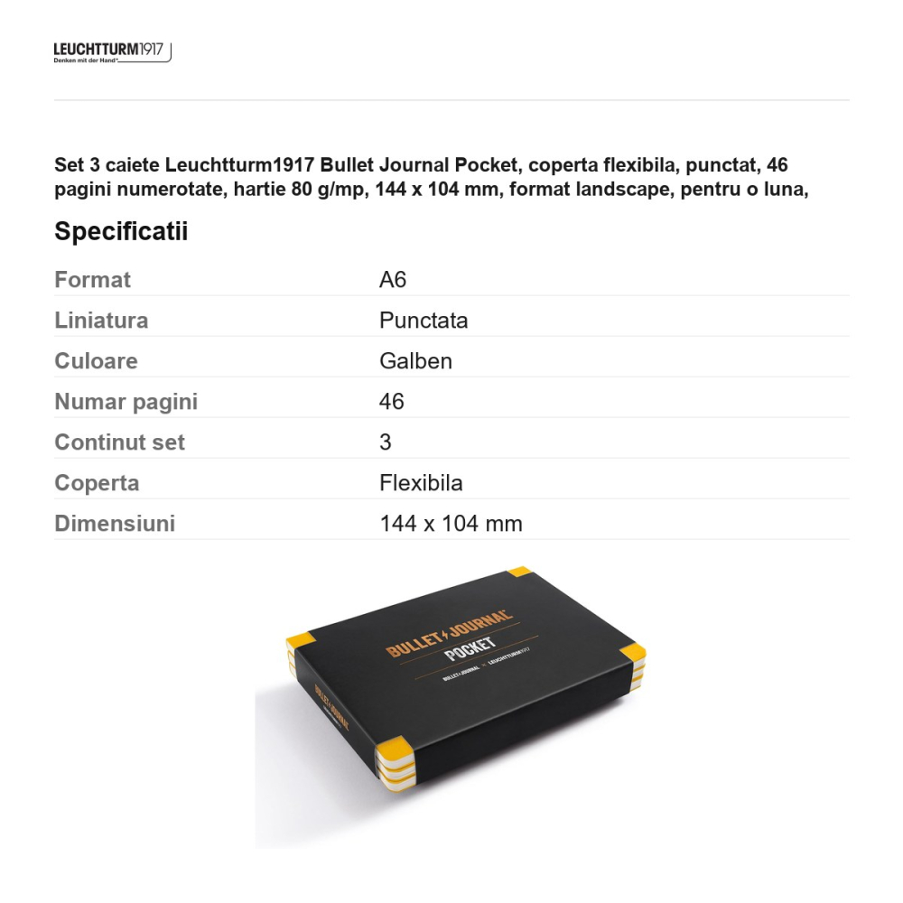 Set 3 caiete Leuchtturm1917 Bullet Journal Pocket, coperta flexibila, punctat, 46 pagini numerotate, hartie 80 g/mp, 144 x 104 mm, format landscape, pentru o luna, galben [3]