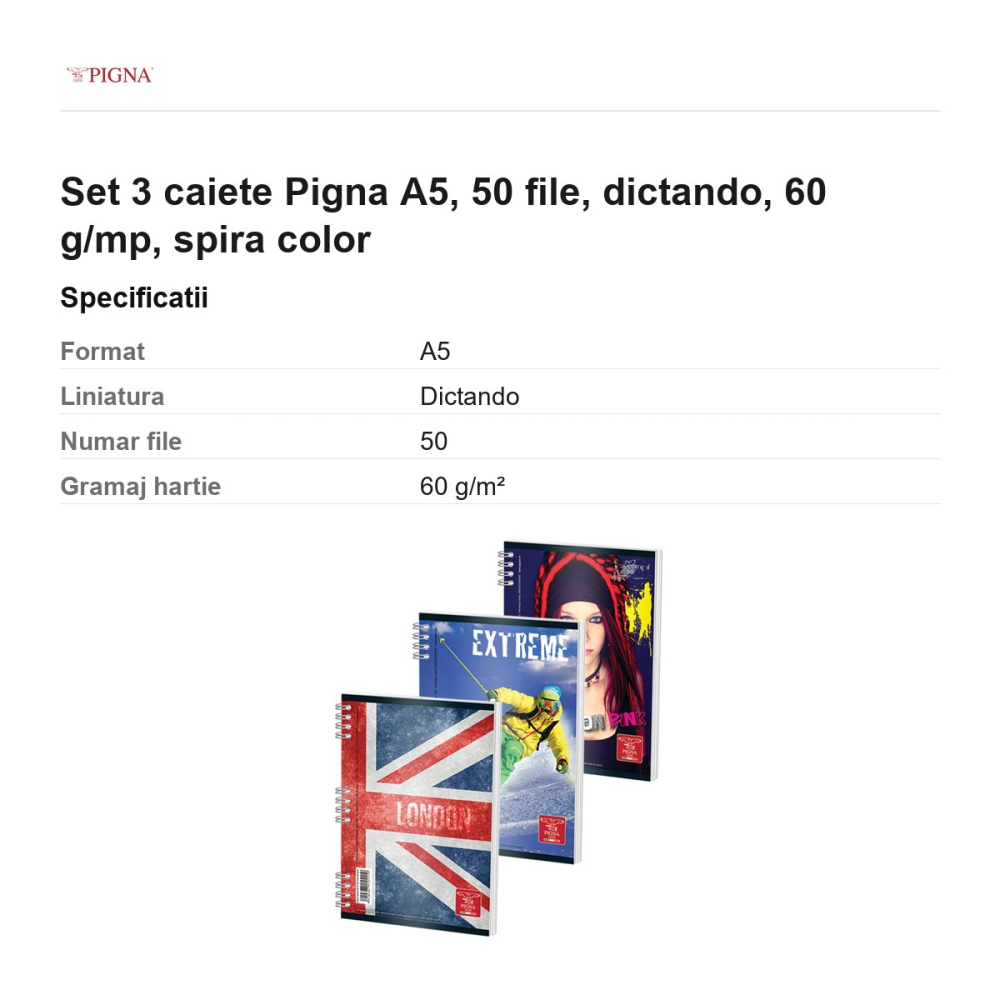 Set 3 caiete Pigna A5, 50 file, dictando, 60 g/mp, spira color [3]