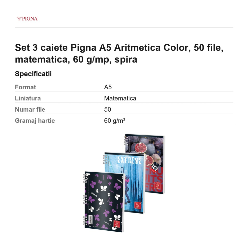 Set 3 caiete Pigna A5 Aritmetica Color, 50 file, matematica, 60 g/mp, spira [3]