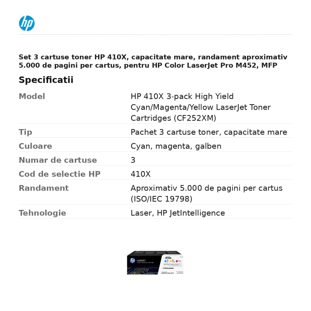 Set 3 cartuse toner HP 410X, capacitate mare, randament aproximativ 5.000 de pagini per cartus, pentru HP Color LaserJet Pro M452, MFP M377, M477, cyan, magenta si galben, CF252XM [3]